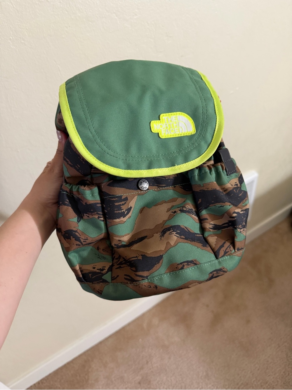 The North Face Kids Camo Mini Backpack with Olive & Neon Yellow Trim
